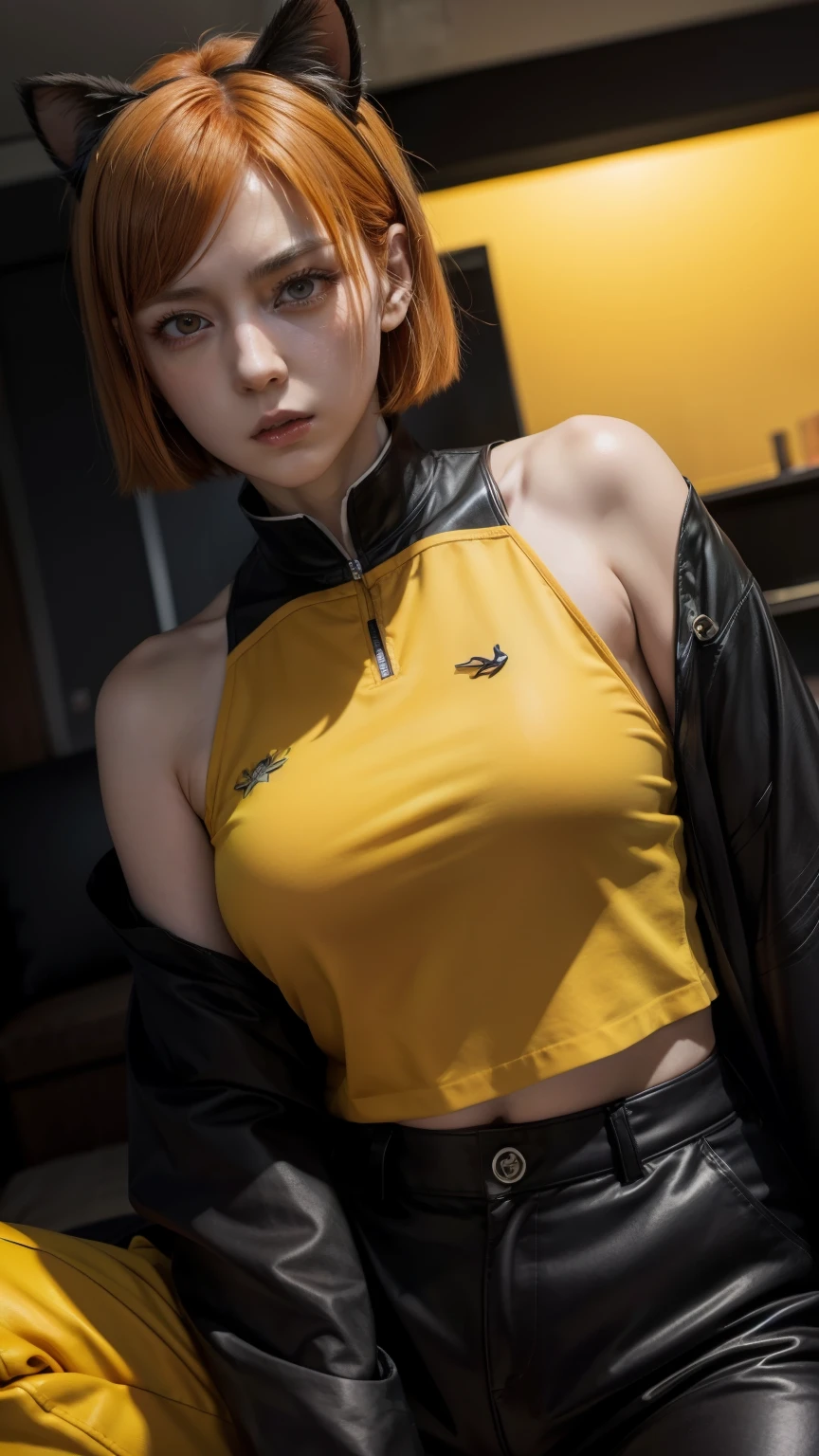 of first quality、4K、masterpiece、extremely detailed eye、wearing black casual clothes and yellow pants and sexy cat ears, ultra detailed、1 woman in、Alone、nobara、Jujutsu Kaisen、short haired, orange hair.