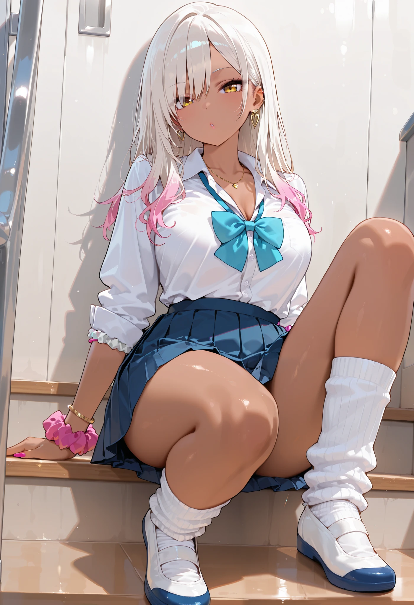 ,gyaru, collarbone, bow, loose bowtie, white shirt, collared shirt, long sleeves, bracelet, wrist scrunchie, blue skirt, pleated skirt,
white socks, white loose socks, (indoor shoes:1.3), (white indoor shoes:1.3), school shoes ,uwabaki