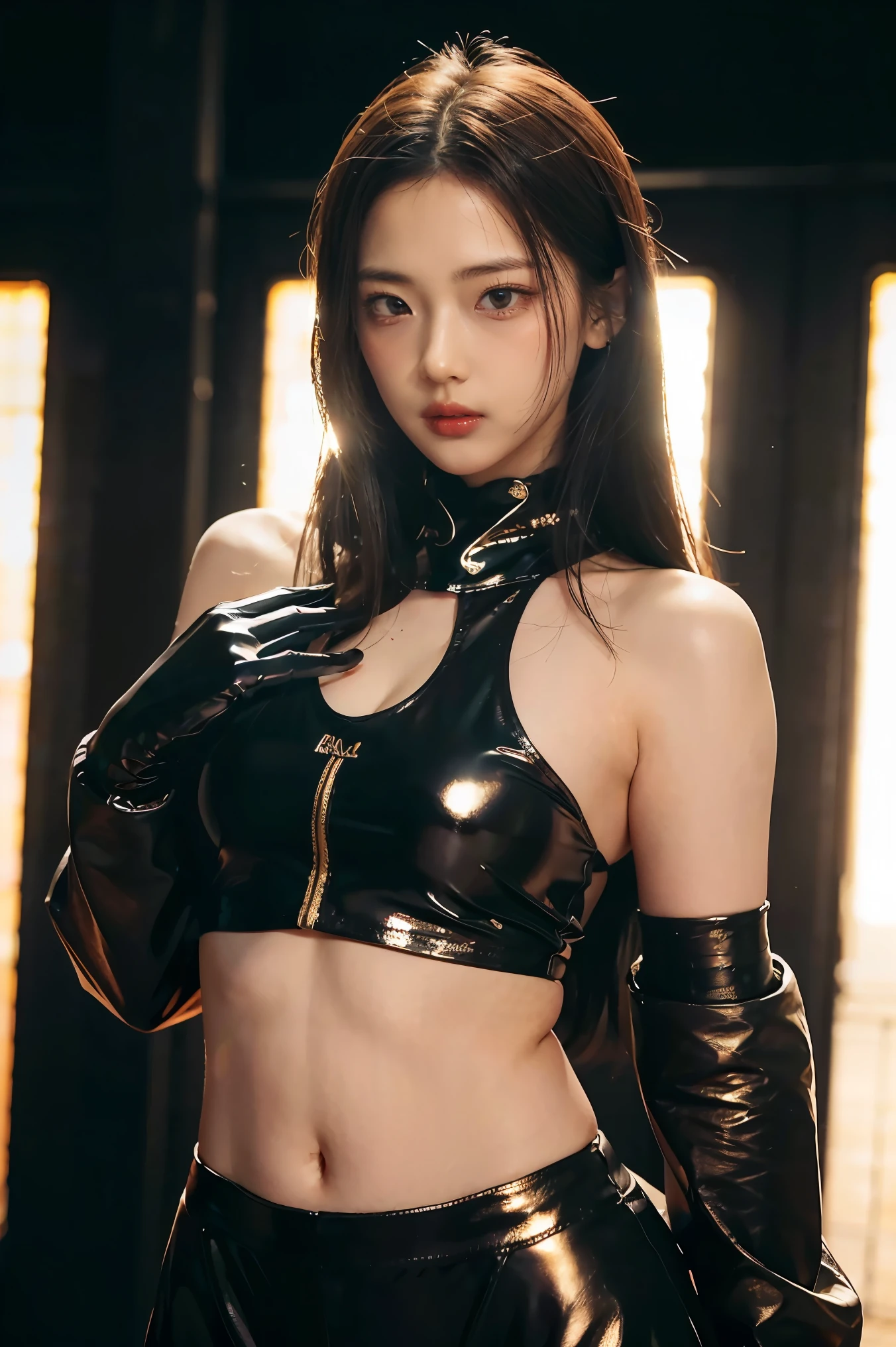 (Agreeable, cookie!):1.4. stop aaron. Body measurements 160-70-120! beautiful round face, honey thighs, plump thighs, Belly Fat, ponytail, super big , very wide pelvis, Big breasts stretched by gravity, forehead. Wide heart-shaped lips curl up, light smile, showing teeth. beautiful captivating eyes, wink. 그녀는 realistic 검은색 라텍스를 입는다. private atmosphere. night. dark. realistic, masterpiece, soft light, 8K. Tania Ayushigar., Wear a shiny latex sports bra, full body shot, shiny black pantyhose, split. Size XXL, skirt, profile