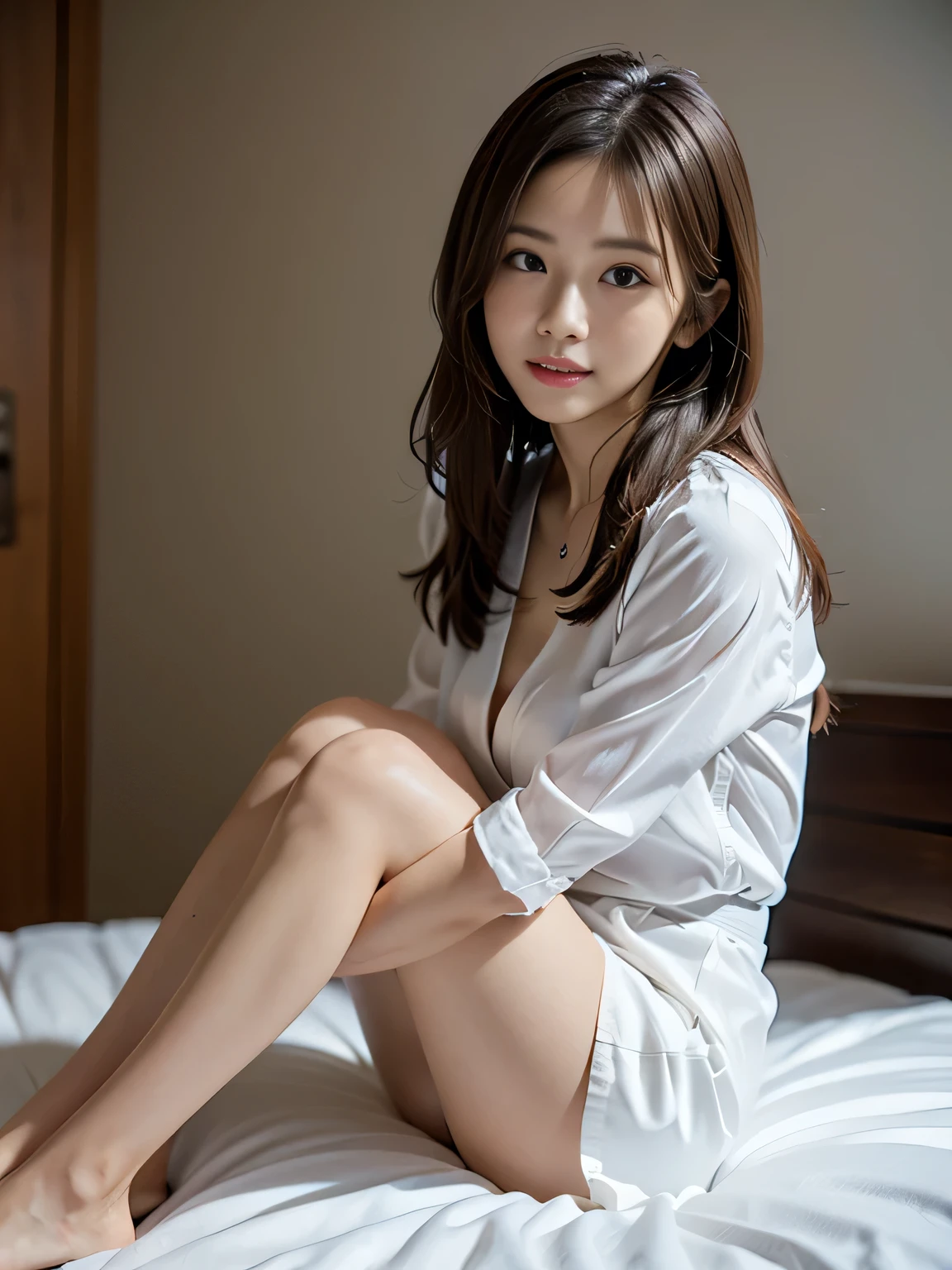 masterpiece, 1 girl per 1 photo, full body shot, front view, a Japanese young pretty girl, long bob, sitting alone on a bed in a hotel, glamorous figure, wearing a short sleeves shiny satin white blouse with collared, wearing shiny satin white panties, a necklaces, a big smile, hyper cute face, glossy lips, double eyelids for both eyes, natural makeup, shiny smooth light brown hair of long bob hair, asymmetrical bangs, tanned skin, a silk pillow, silk bed sheets, central image, 8K resolution, high detailing, detailed hairstyle, detailed face, cinematic lighting, octane rendering, vibrant, hyper realisitic, perfect limbs, perfect anatomy