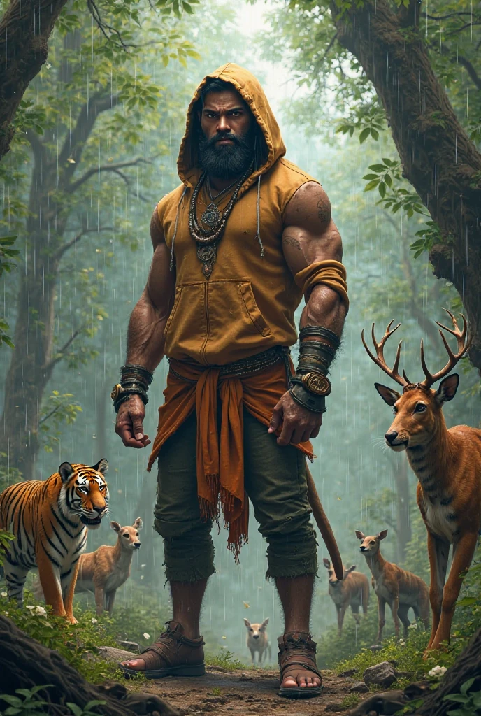 an indigenous man with eyes of fire from the forest defenseless a legend and his animal panther



