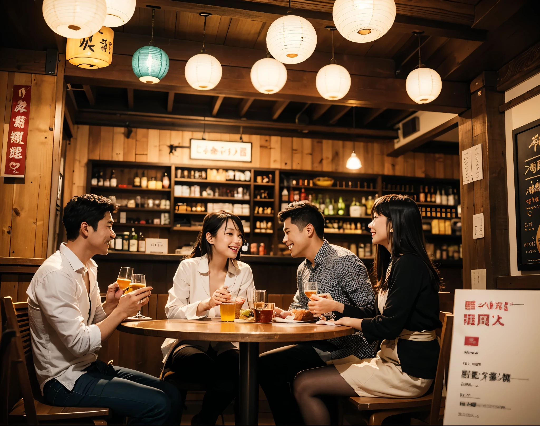 A lively Japanese izakaya scene where four friends, two men and two women, are ordering food and drinks. They are sitting around a wooden table, smiling and chatting while looking at the menu. One of them is raising their hand to call the waiter. The izakaya has a warm, cozy atmosphere with dim lighting, red paper lanterns hanging from the ceiling, and shelves lined with sake bottles. The walls are decorated with traditional Japanese posters and handwritten menus. The table is filled with small plates of appetizers and beer mugs, capturing the joy and energy of a night out.