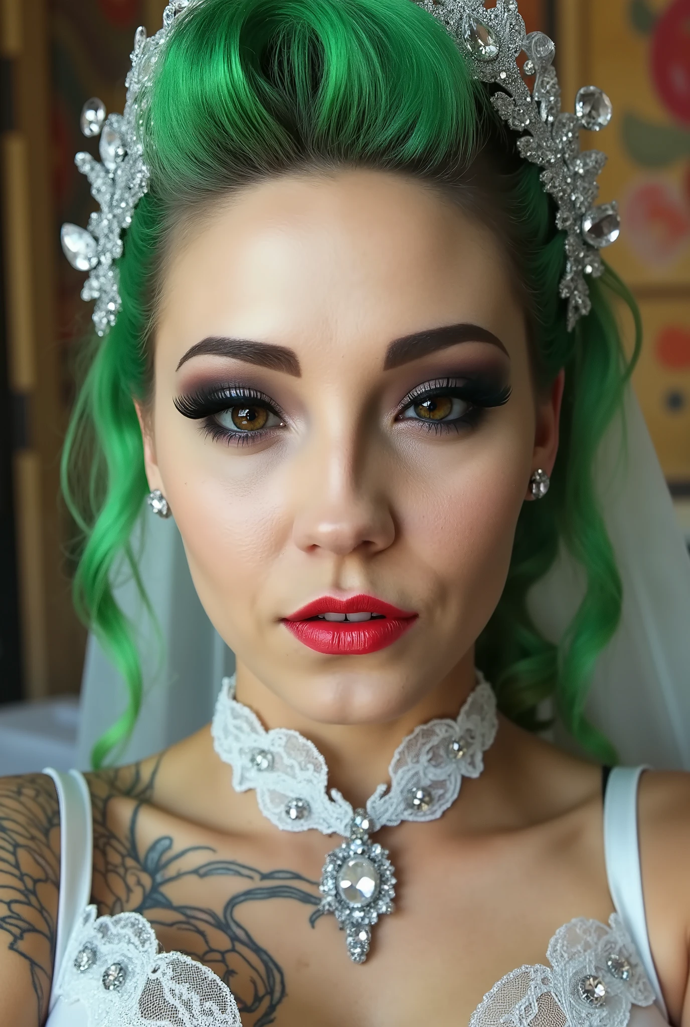 outrageously long and voluminous lash extensions., Blue eyelashes, laughs, bridal costume, diamond ear earrings, green hair, red lips, bright blue makeup