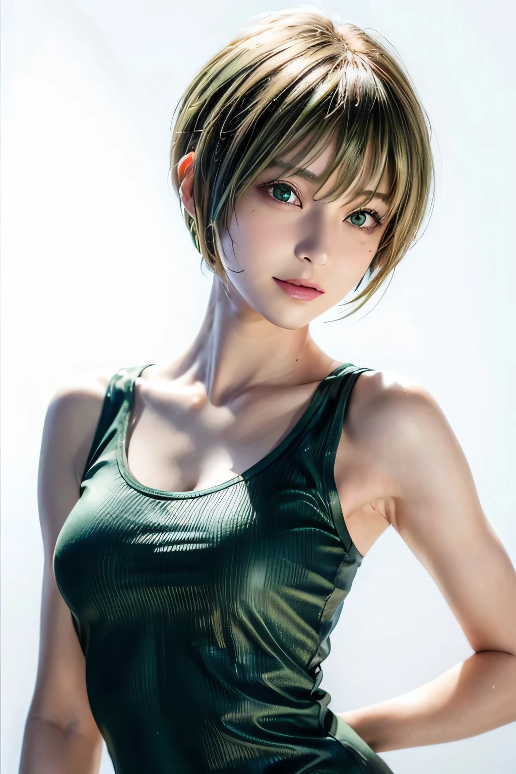 K, Top Quality, Intricate Details, Ultra Detail, Ultra High Resolution, Masterpiece, close up shot, (full body: 1.1), Slender, Smile, (Makeup: 0.4), (Fluffy purple Eyes: 1.21), (()), 1girl, solo, 1 girl, ((green hair, bangs, high ponytail)), close up shot, , ((tall)), (((fit body))), (((slim face))), sharp face, (()) (detailed face), sharp face, small lips, , , ((,, )), , ((armor bikini)), detailed face, detailed breast, , ((large breast, huge breast)), detail ass, Narrow Waist, Skinny, tall , 190 cm tall, Muscular, Navel, Exposed Abdomen, Pointed Chest,, Beautiful girl with accentuated slender abs: 1.4, Six Pack Abs: 1.4, Bust Botox, Big, Perfect Body, detail leg, (( dark background)), black background,