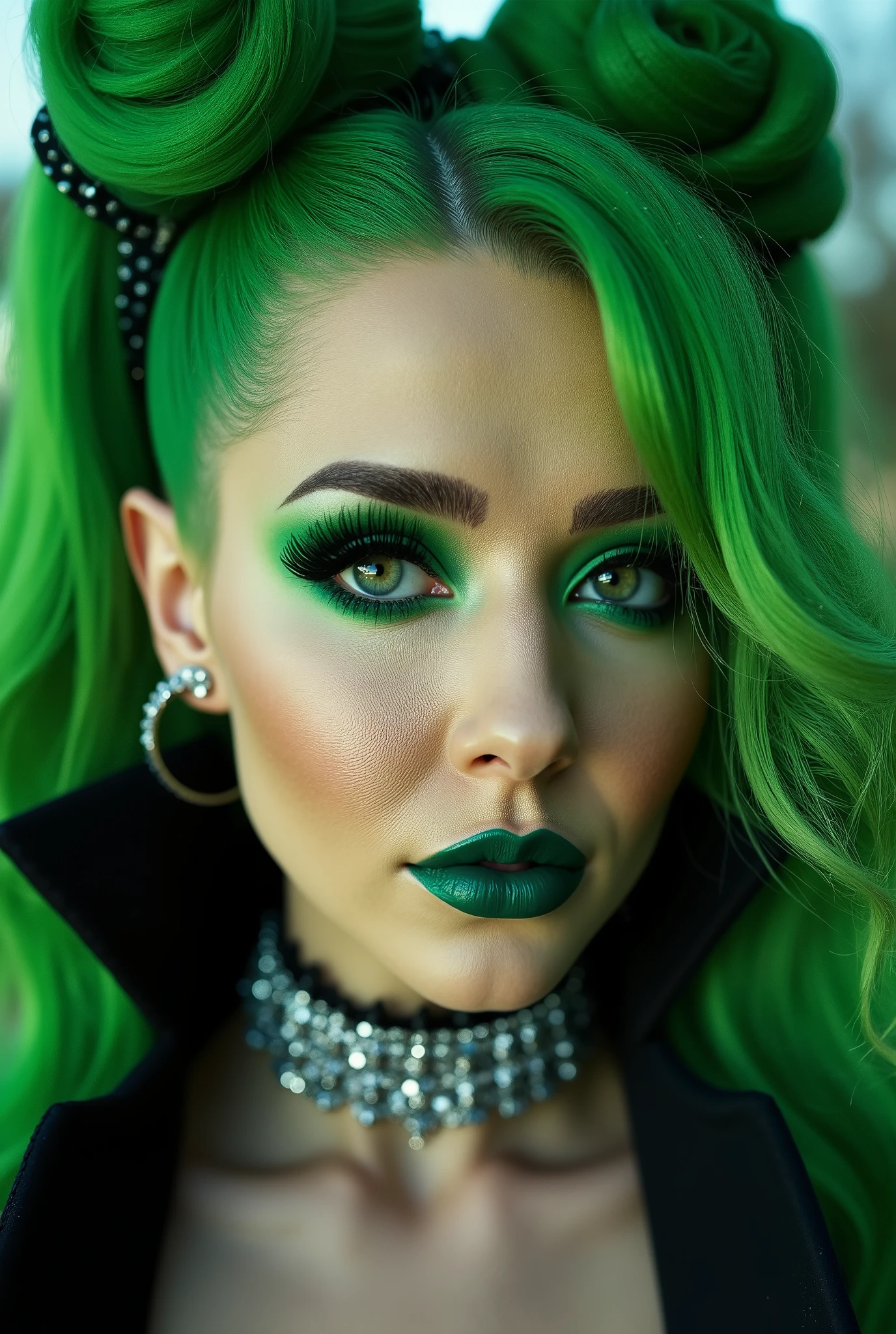 incredibly long and voluminous false eyelashes, bright green makeup, green hair , diamond earrings , collar, green lips, her lips are pursed., bow shaped hair ,