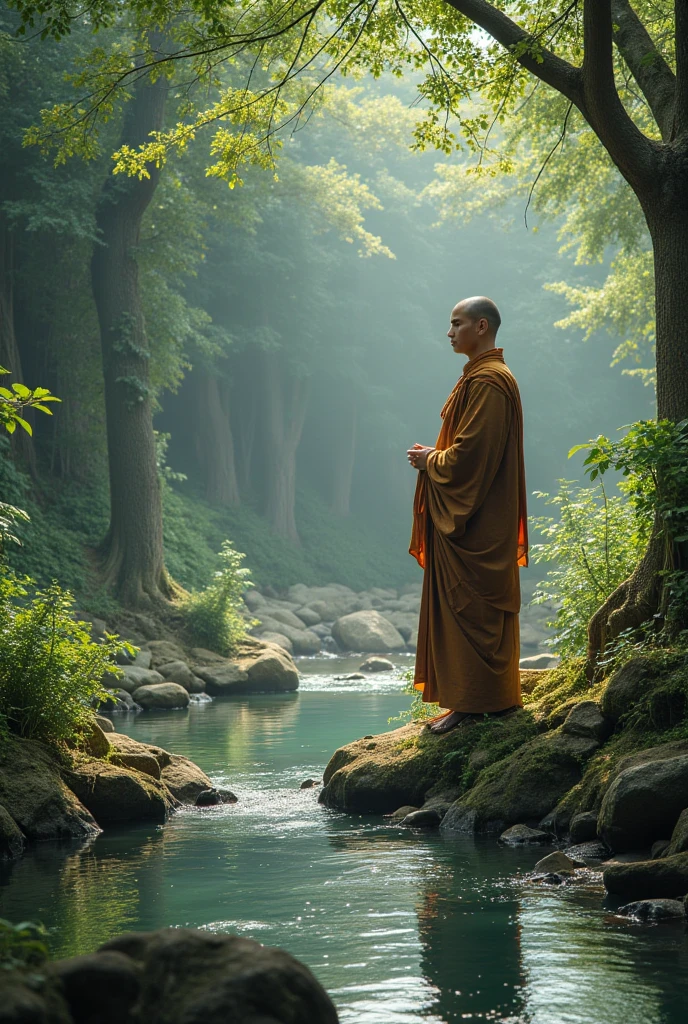 The disciple took a small bowl and walked towards the pond.