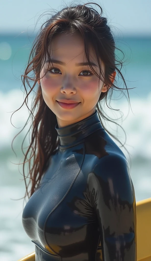 Gwen Tennyson,1girl,Tracer,D.Va,Rebecca Chambers,Overwatch,Gundam,close up,Mecha pilot,sea view,White and rose corset,hairpin,corset,White long-sleeved lycra top,Orange leggings,short hair,Cute makeup,green eyes,orange hair,shy smile,freckle,Red hair,beautiful girl,,Ultra-detailed,realism,fantasy art,surf夹克,surf板,waves,surf