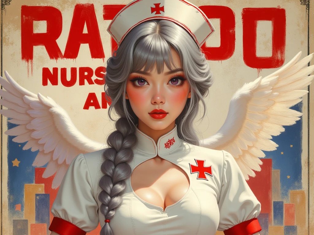 (Masterpiece, Best Quality), 8k Wallpaper, highly detailed, poster, vintage sci-fi film, 1960s, a magazine cover with sexy giant nurse towering over a tiny city, a portrait by Paul Kane, cinematic movie poster, perfect face, colorful hair, Attack of the 50 foot woman, giant woman, tiny city, lines, abstract, mid century modern, movie poster, vintage, white nurse uniform, stiletto high heel shoes, tiny destroyed skyscrapers city, retrofuturism, pulp sci fi, pulp sci-fi, 60's pulp illustration, scifi pulp, pulp book cover art, pulp scifi, old retro pulp comic cover, pulp science fiction, pulp scifi illustration, vintage scifi, skyscrapers sized under her knee