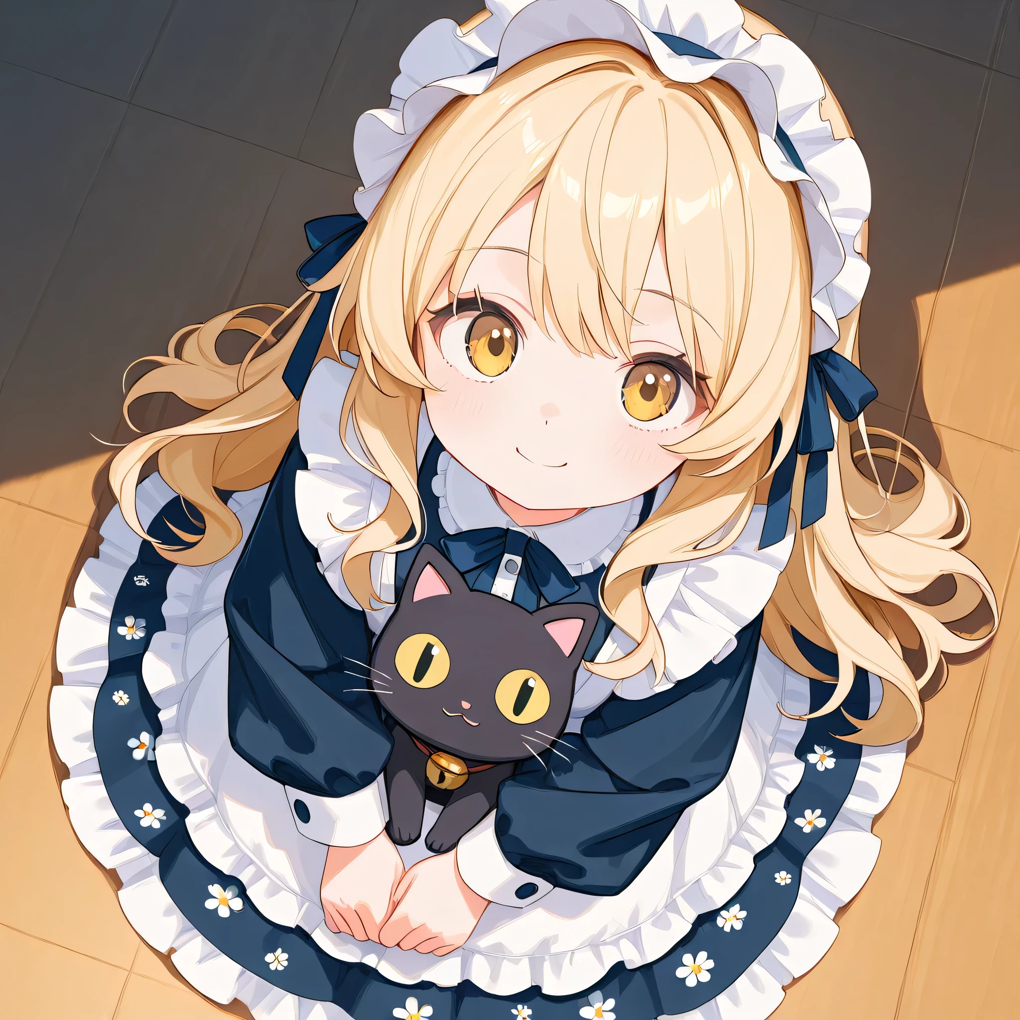 one girl、long wavy blonde hair、(Double sleeve long sleeve)、( Cute clothes with lots of frills)、Hold a stuffed black cat、smile、from above,look at viewer,frog-sit on the floor,moody light,background a floral pattern,,top quality、High Resolution