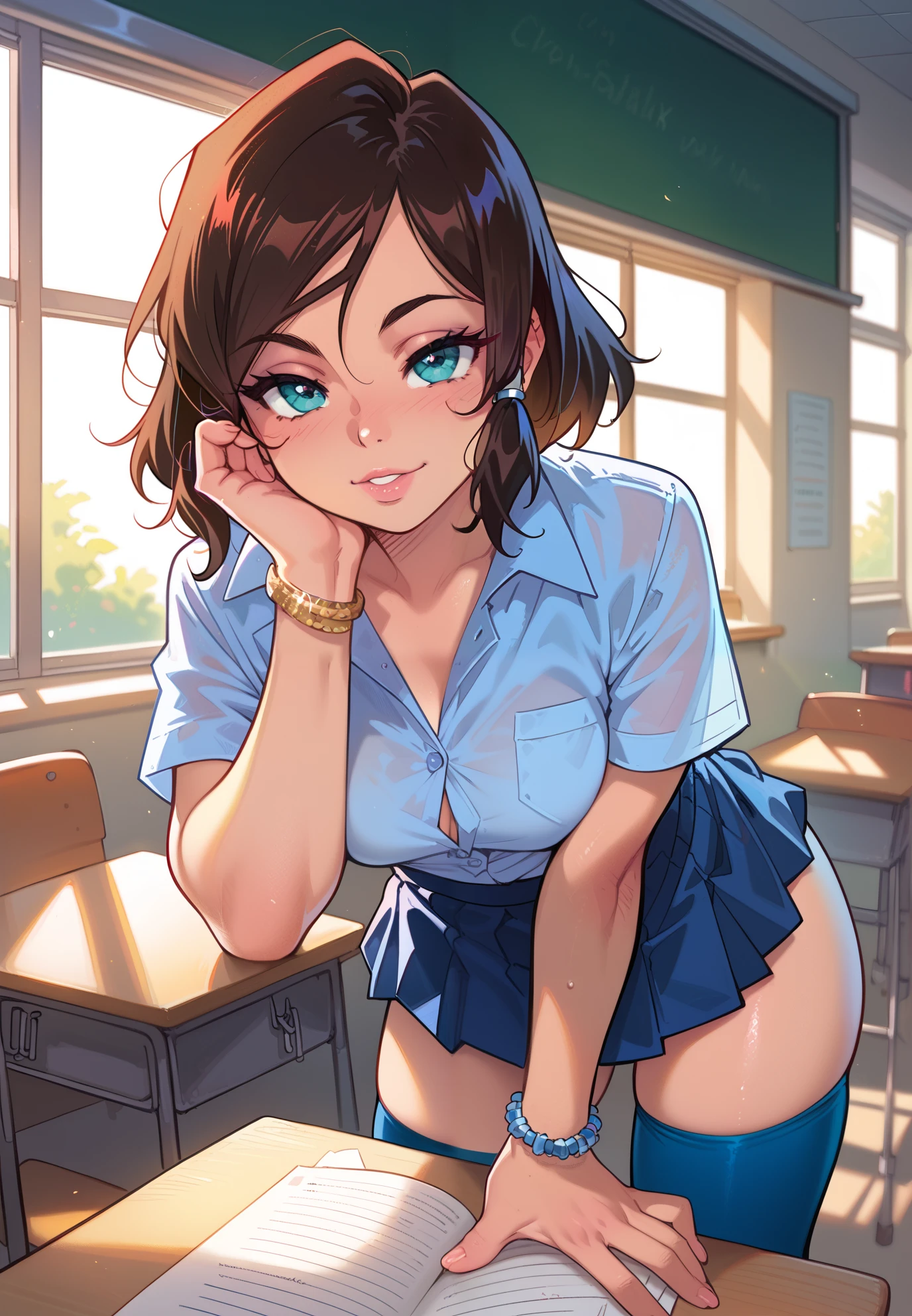 naughty librarian, no shirt, no panties, skirt up, legs open, pussy open, tongue out