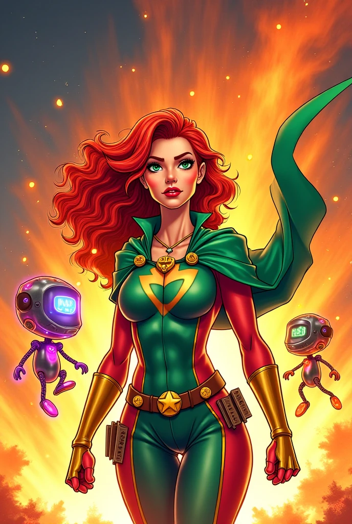 abbe bi style, puffy lips, ([Natalie( :0)Portman|skylar vox|Milla( :0)Jovovich]:0.9), (audra( :0)miller:1.0), detailed background, symmetrical face, round breasts, skinny, nutty, Donning her iconic green and yellow costume white-streaked auburn hair flowing freely, volumetric lighting, Frozen lake and aurora borealis overhead, [cartoon, vector art, anime :realistic, real life, hyper realistic:0.5], well dressed,