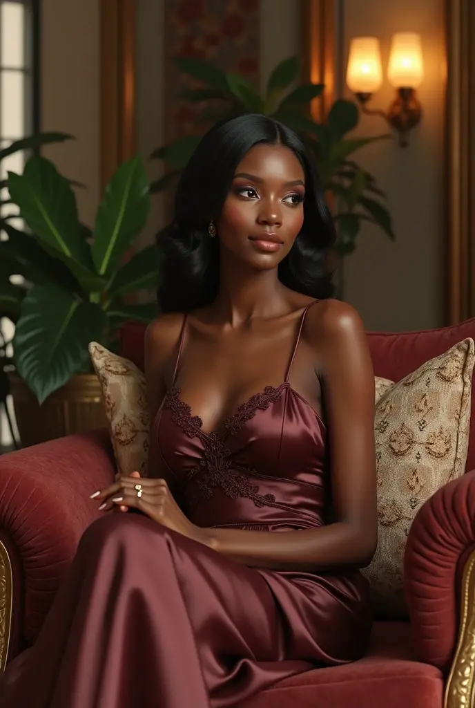 Generate an image of a dark black beautiful woman in a modest dress feeling comfortable in a luxurious living room