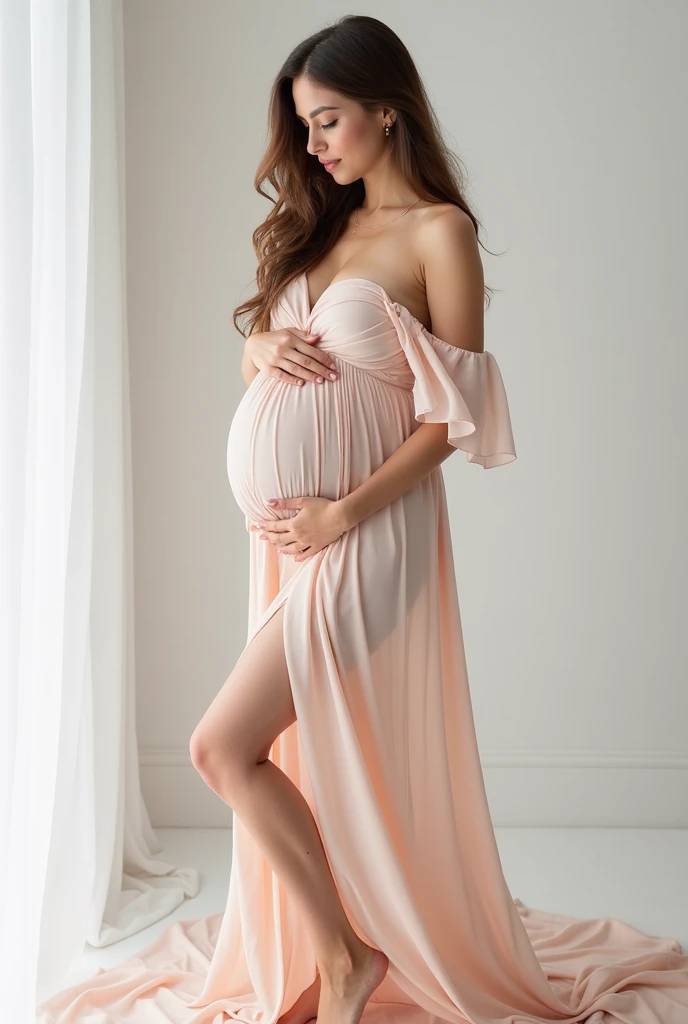 pregnant woman in an elegant long dress, 28 years old, full frame, wide image, high detail in hands, high detail in eyes, photo shoot style, exquisite, detailed, dramatic, elite, real world, (rigid focus, 8 k), (((natural skin texture))) , 8k textures, soft cinematic light, photo lab, hdr, elegant, highly detailed, sharp focus, ((((cinematic appearance))), soft tones,  high detail, low contrast, soft cinematic light, opaque colors, display mix, HDR, fade, 35 mm, f/1.4, ISO64, f16, 25 sec.