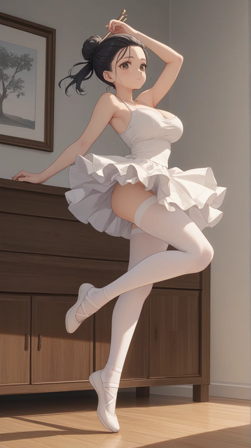 masterpiece, best quality, highly detailed, ultra high res, komi_shouko, 1girl, solo, hair ornament, purple hair, hair in a bun, bangs, glossy lips, large breasts, tighs, thighhighs thigpurple eyes, school, ballerina, white pantyhose, tutu, standing on a one leg