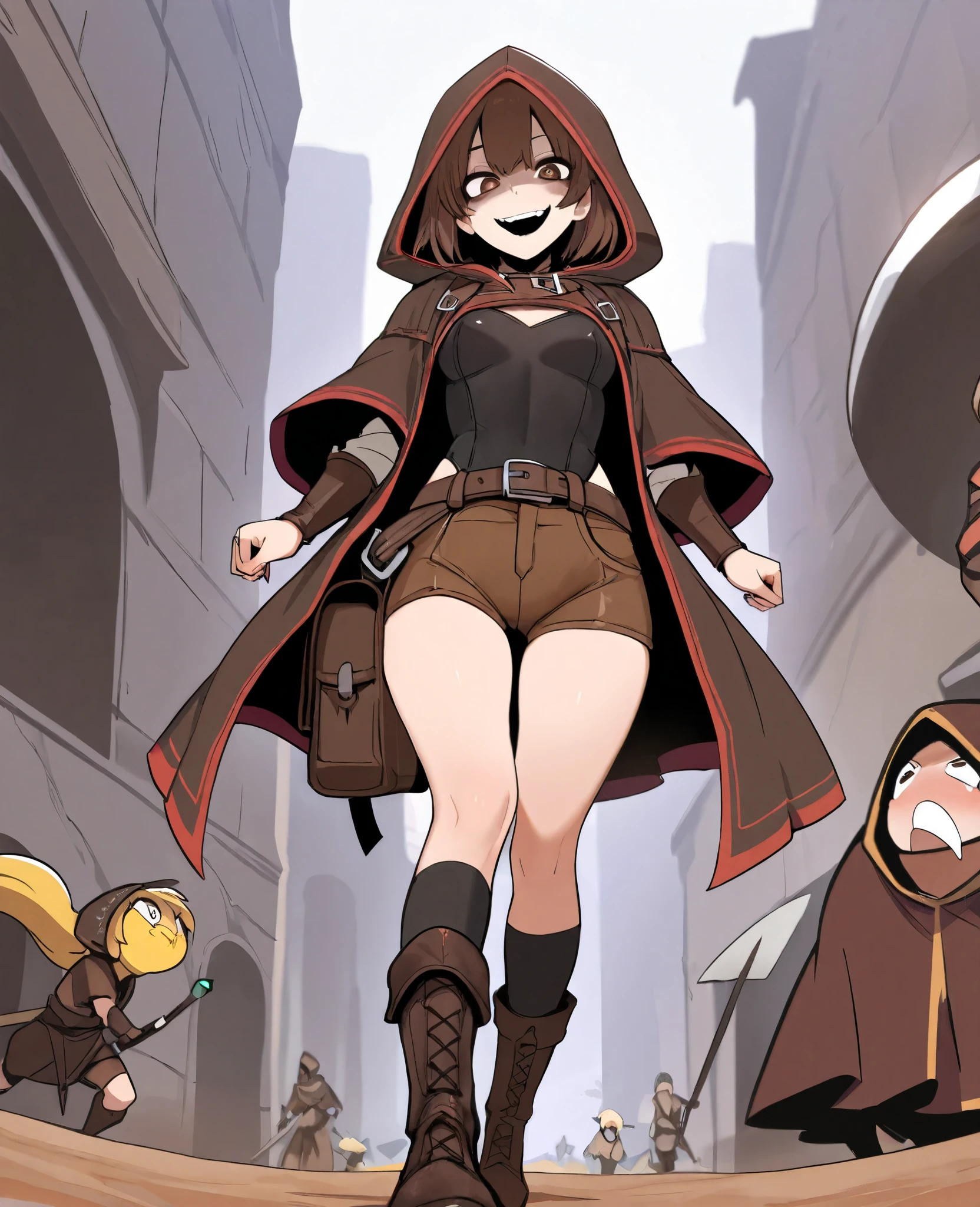 (masterpiece),(top quality),(Ultra High Definition),one girl, yellow race,brown eyes, Malicious Eyes ,black leotard, shirt,brown shorts with white dowels, black long socks ,Leather Boots,fantasy,Adventurer, Tattered Robe,wears a hood,evil smile,Wide-mouthed ,Small pupils,