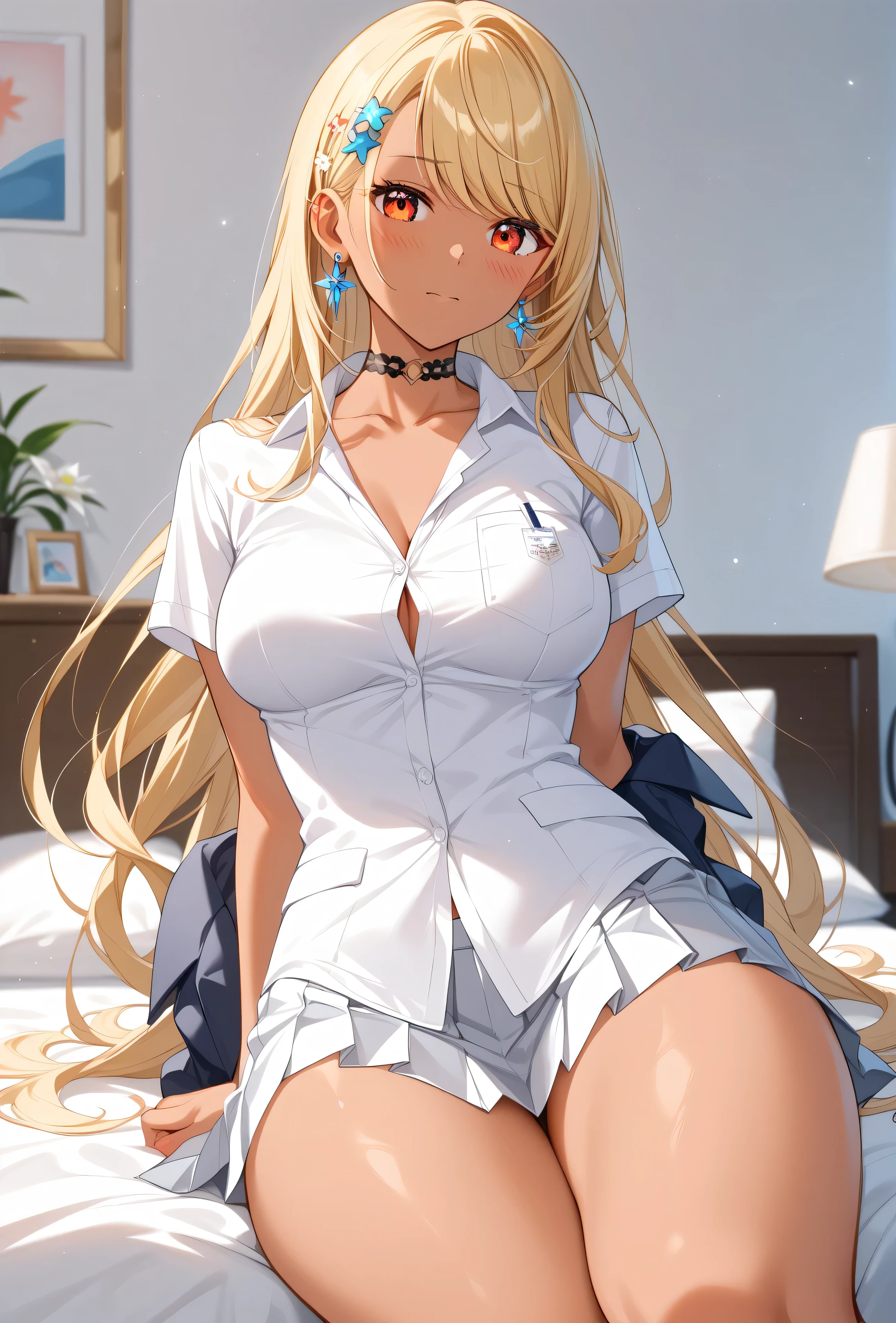 Unparalleled beauty, shiny shiny firm and shiny skin, bangs between eyes, shiny straight beautiful platinum blonde, super long straight silky hair, eyeliner, sexy beautiful innocent , high definition big big beautiful bright blue eyes, beautiful and lovely girl, baby face, short sleeve shirt