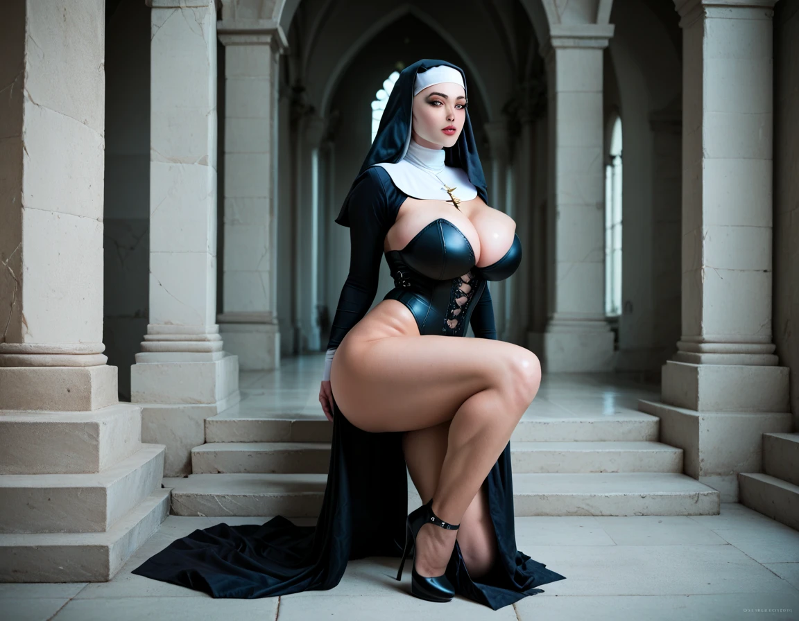 (masterpiece, top quality, best quality, official art, beautiful and aesthetic:1.2), (1girl:1.3), light freckles, fair skin, extremely detailed, portrait, looking at viewer, solo, (full body), simple background, (dark gothic theme:1.1), nun drinking a glass of expensive cognac and watching the entire World burn, smirk, mysterious, swaggering through cathedral, modest attire, black habit, cowl, nun hood, wimple, thigh-high boots, bodysuit, leotard, corset, leather straps, long boots, garters, ((((wide hips, slim sexy body, large breasts)))), slim waist, wide hips, long legs, modern (cathedral exterior:1.1) background, dark mysterious lighting, shadows, magical atmosphere, dutch angle,