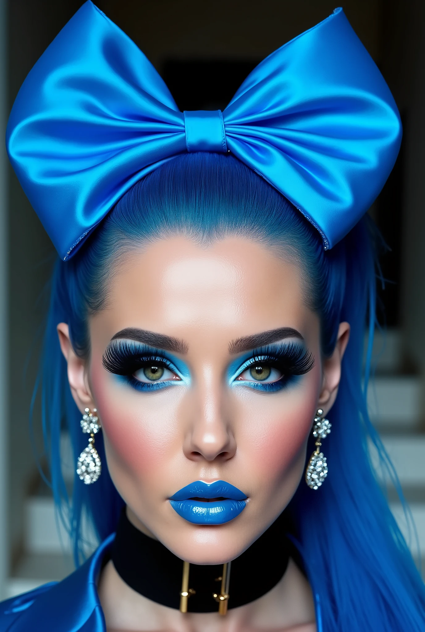 incredibly long and voluminous false eyelashes, bright blue makeup,  blue hair ,  diamond earrings  , collar, blue lips, her lips are pursed.,  bow shaped hair  , 