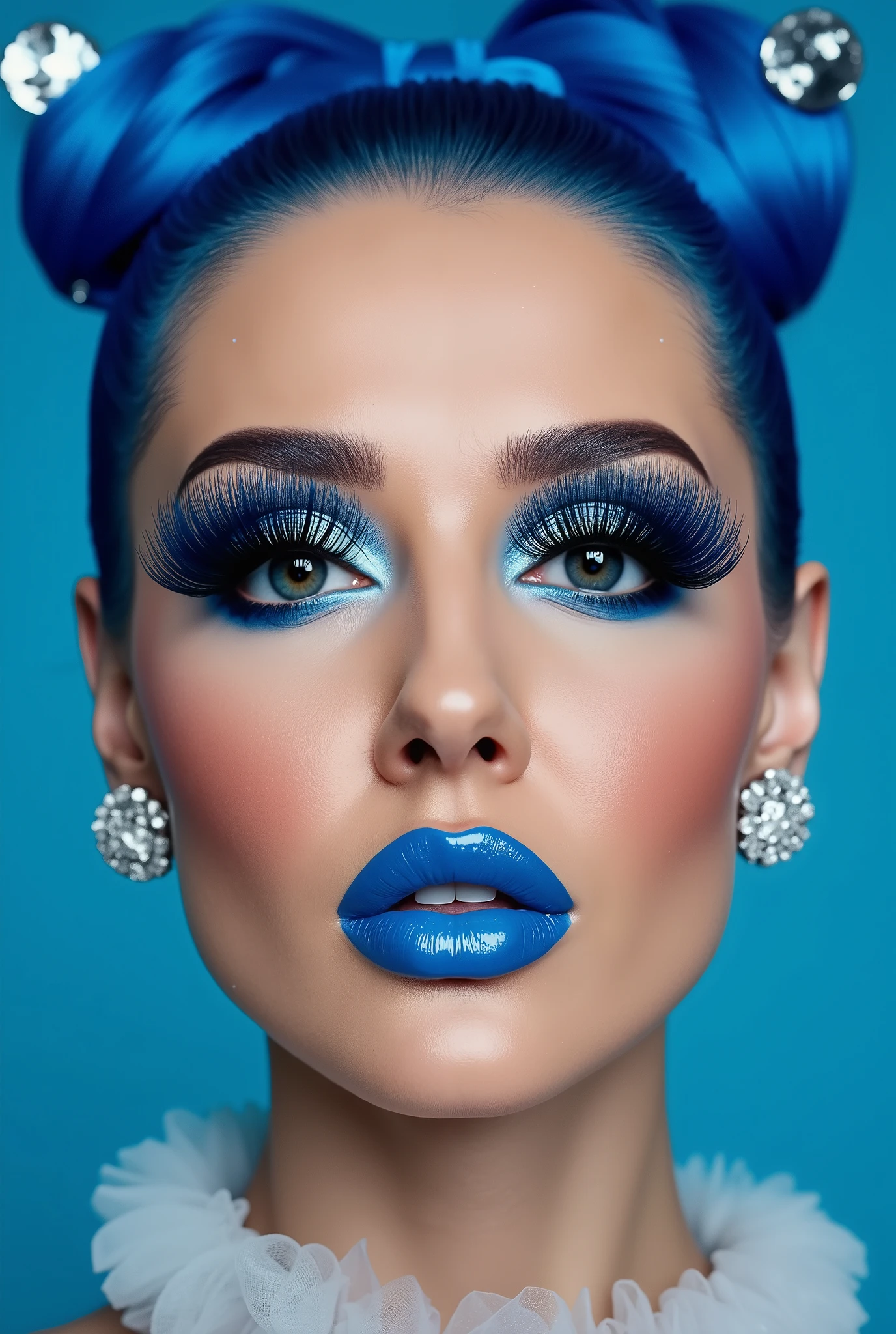 incredibly long and voluminous false eyelashes, bright blue makeup, blue hair , diamond earrings , collar, blue lips, her lips are pursed., bow shaped hair ,