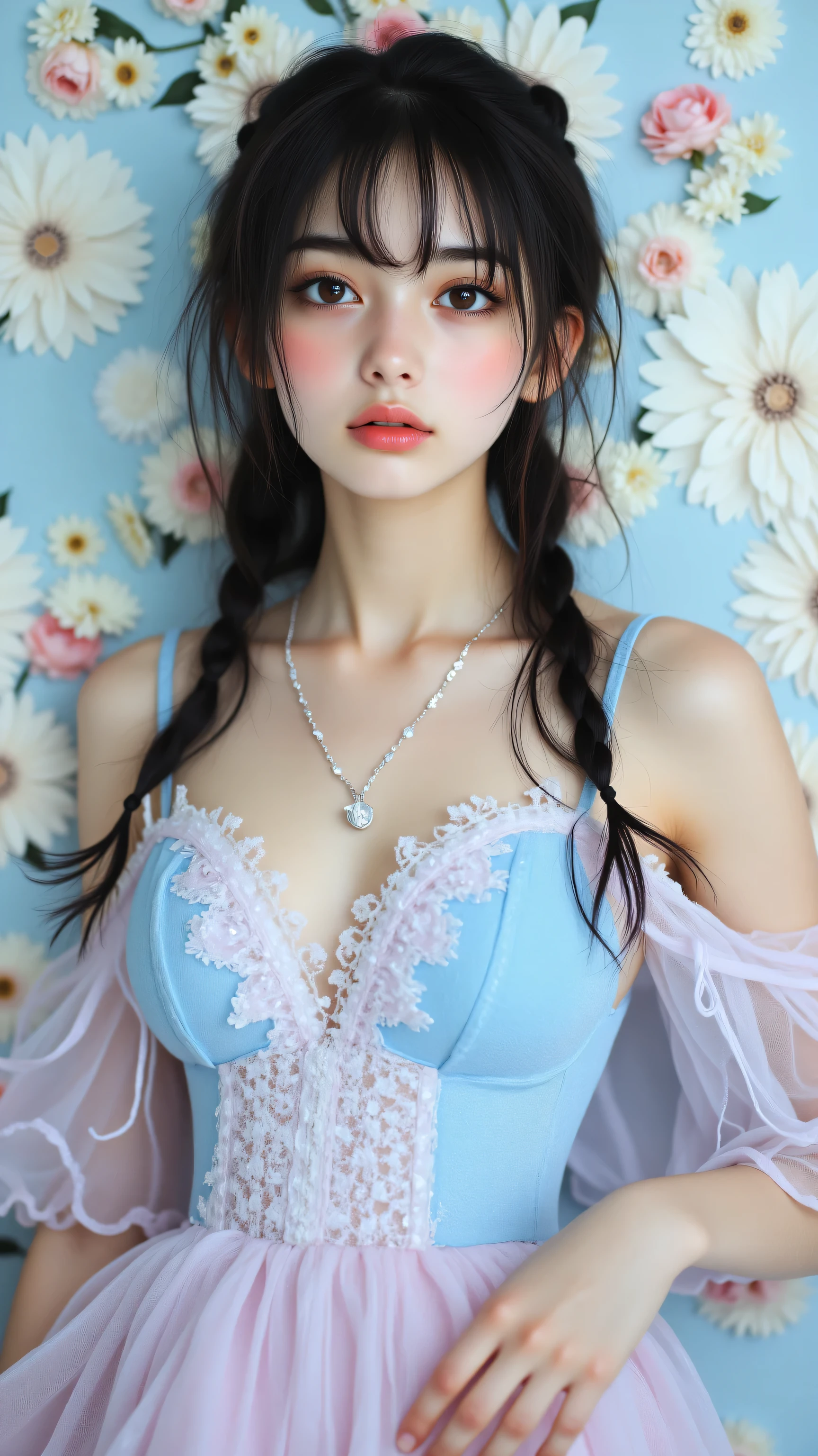 une fille noble portant une robe de princesse bleue avec un dessus ouvert (robe bleue), haut très révélateur, cheveux blancs,((Cheveux bouclés blancs)), les yeux rouges((les yeux rouges)), peau blanche, peau pâle,((peau pâle)), très grosse poitrine, poitrine presque visible, Très grande poitrine, Poitrine très énorme, poitrine très énorme ((poitrine très énorme 1:1)) sex , ((Poitrine très énorme 1:1))