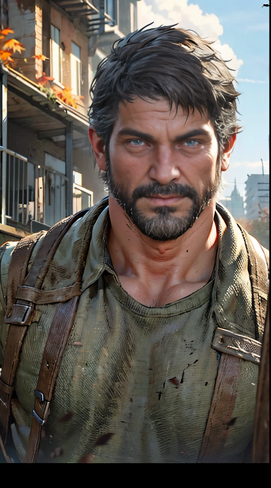 best quality, masterpiece, ultra high resolution,detailed background,Hadesstyle ,Alone,Joel \(The Last of Us\),man , mature ,only, mature man ,facial feathers ,dusk, Cowboy Shooting , cloudy sky , fall , fall leaves, short hair ,broken city,destroyed road, destroy ,post apocalyptic world, plant ,serious,Looking at Viewers,depth of field,upper body shot,