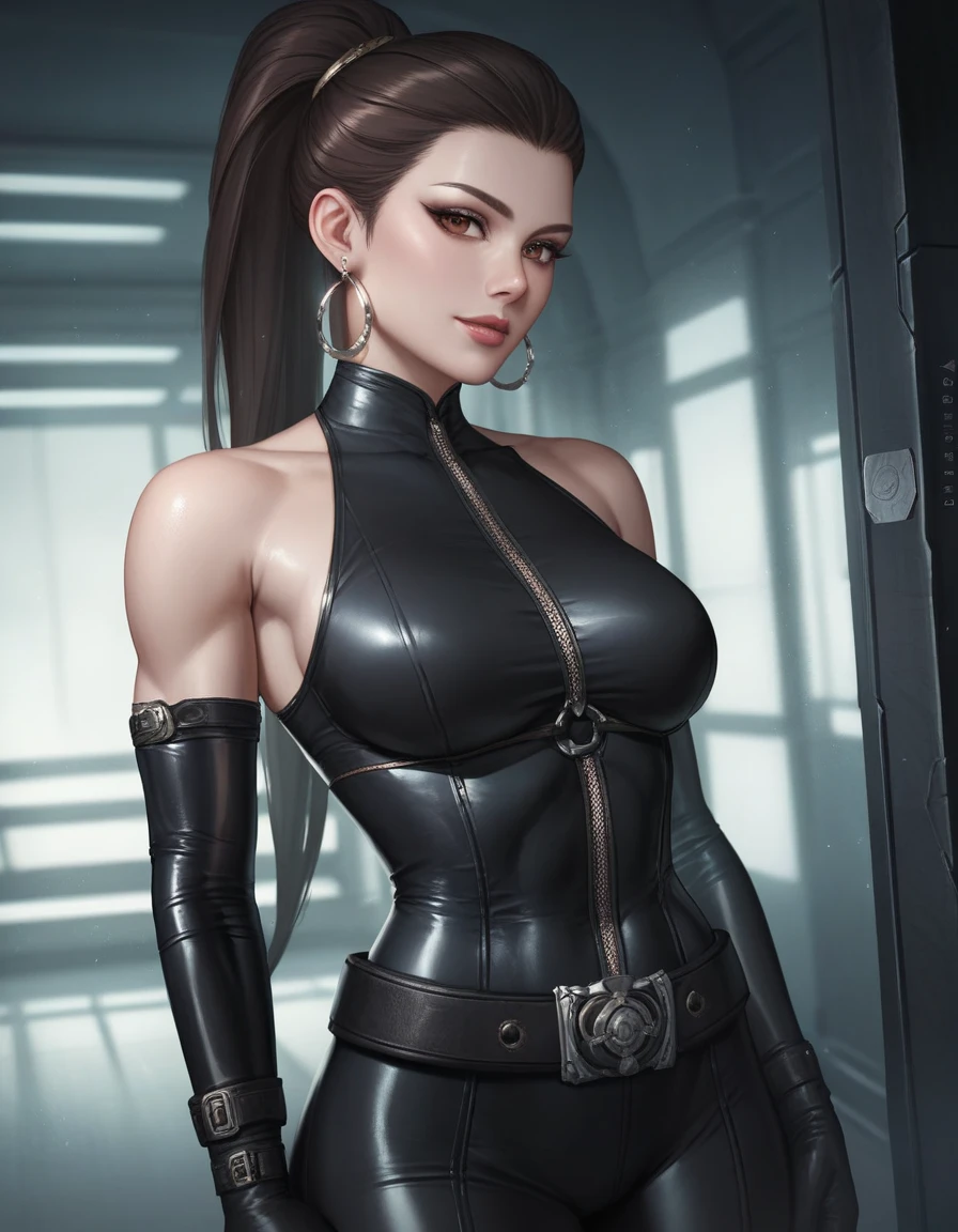 leather pants, belts and straps, pouches and vials, chains, sexy woman, starship