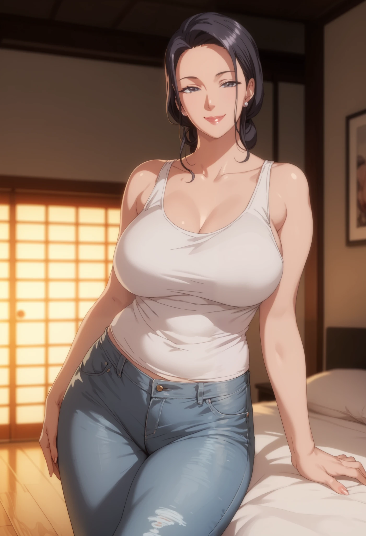 ( mature woman :1.4), 50 years old, Captivating smile, black hair, up hair, Japanese-style bedroom, tank top, jeans