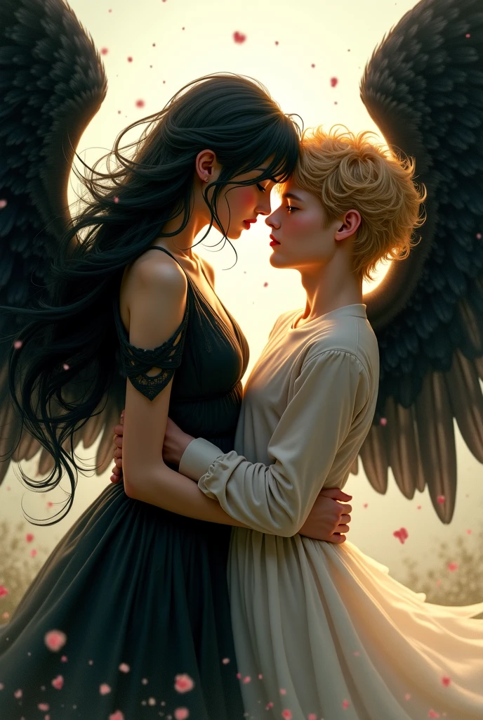 A very beautiful and pure angel kissing a very beautiful and alluring succubus