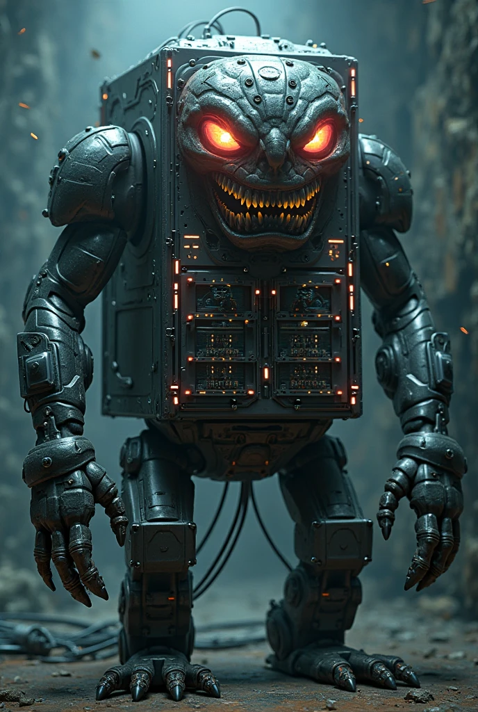 A fururistic cybernetic living concrete block, that contain laser eyes, 3 protective layers around you(Skinned, armor and magnetism) has crooked teeth and sharp claws, His arm is divided into parts that connect magnetically through internal wires, but which are exposed in the openings, they can retract or expand