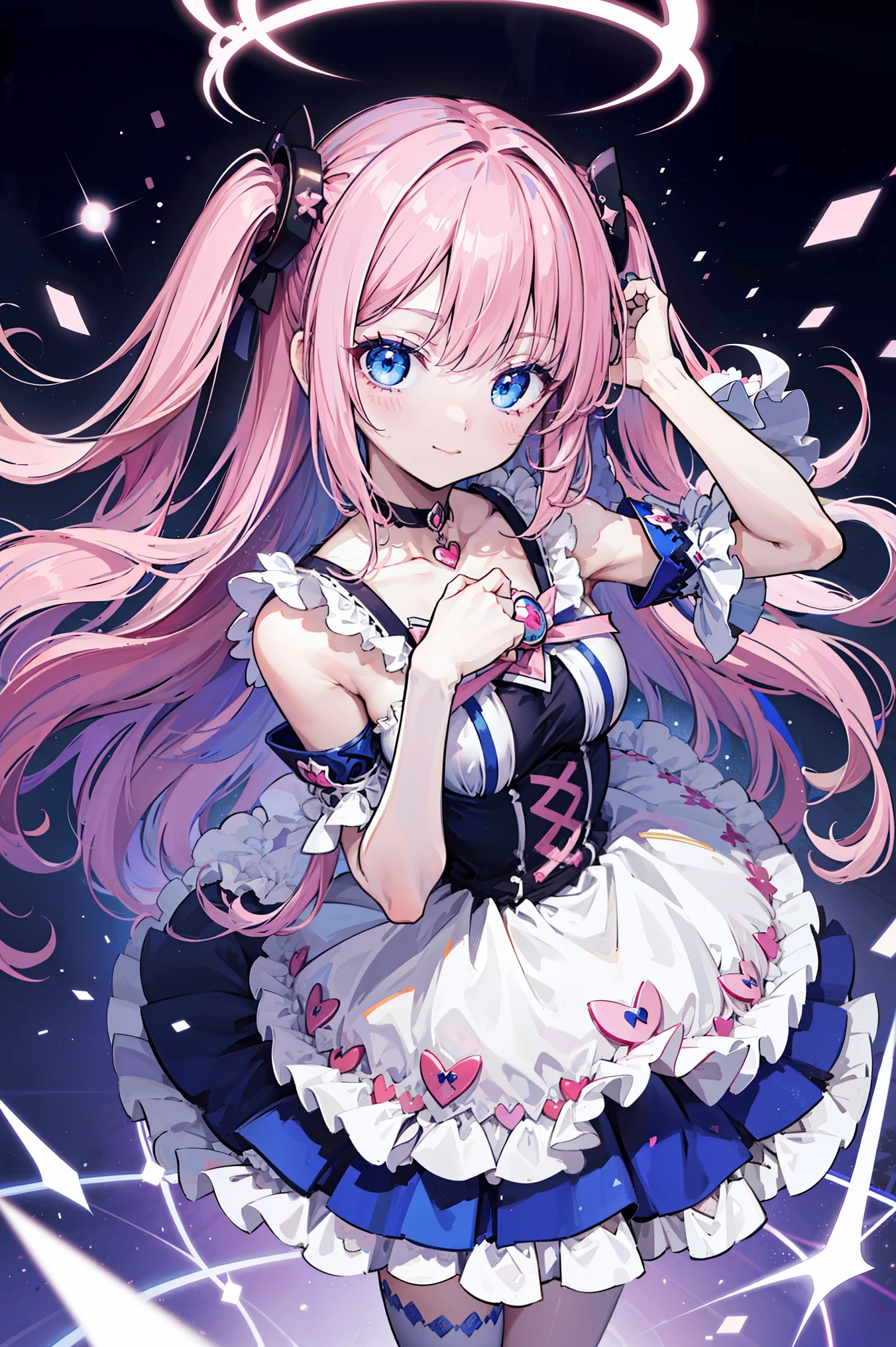 Cute magical girl , ( double bomb , Brant Bang, pink straight hair ), Smile, compensate, blue eyes, Large percentage , white gothic bear top dress , choker, hands raised above head , Dark Basement Background, (Ultra-precise, Absolute determination, best quality:1.3), 2.5D, Delicate and Dynamic, Art photos, super realistic , graphic CG digital cartoon style art