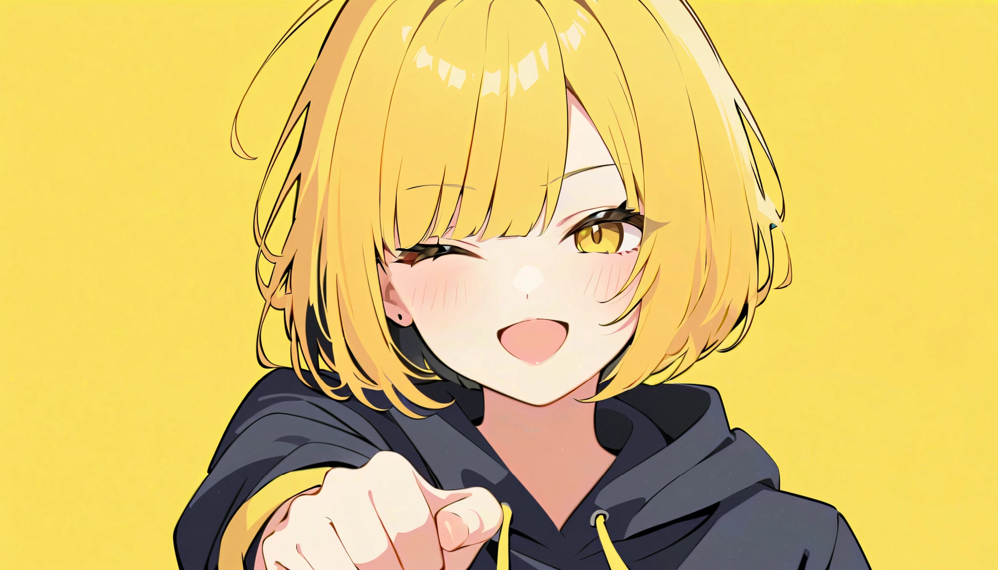 flat color,
1girl, solo,
yellow hair, bob cut, yellow eyes,
:p, wink, punch to the viewer, upper body,
hoodie,
simple background, yellow background,