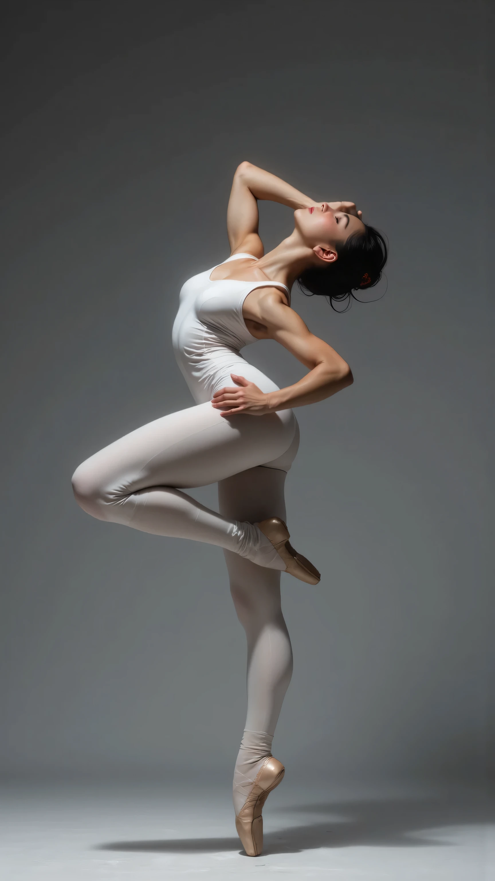 A photo of a woman in Leo, pointe pose, ballet pose, contemporary dance poses, modern dance aesthetic, ballet style pose, classic dancer striking a pose, playful pose of a dancer, wearing white straitjacket, beautiful and graceful, pointe pose, Tense posture, Contemporary, pointè pose