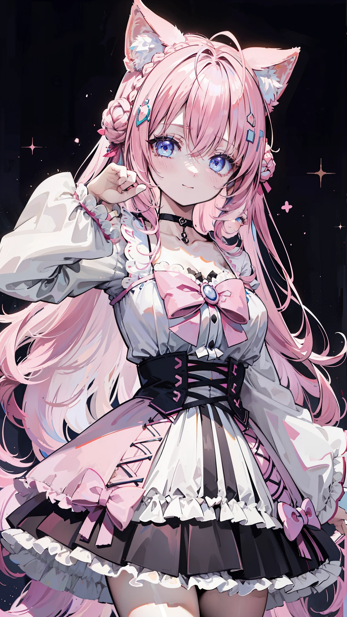 Cute magical girl , ( double bomb , Brant Bang, pink straight hair ), Smile, compensate, blue eyes, Large percentage , white gothic bear top dress , choker, hands raised above head , Dark Basement Background, (Ultra-precise, Absolute determination, best quality:1.3), 2.5D, Delicate and Dynamic, Art photos, super realistic , graphic CG digital cartoon style art