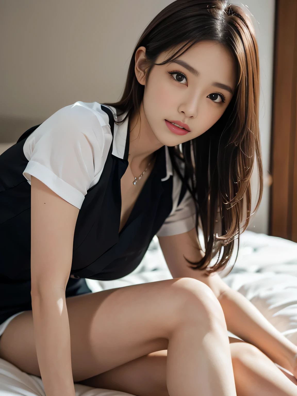 product quality, a cowboy shot, front view, 1girl, a Japanese young pretty woman, wearing a marriage ring, long bob hair, hyper pretty face, glamorous, wearing a short sleeves, long length shiny satin white shirt with collared, unbuttoned her shirt on her chest, wearing a silky white panty, sitting on a silk bed with a big smile in a her room in the night, , naked legs, silk pillows, silk sheets, glossy lips, double eyelids for both eyes, natural makeup, long eyelashes, shiny smooth light brown hair of long bob hair, asymmetrical bangs, tanned skin, central image, high resolution, high detail, detailed hairstyle, detailed face, spectacular movie lighting, octane rendering, hyper realistic, perfect limbs, perfect anatomy