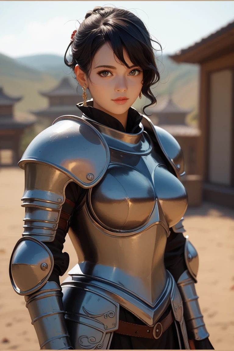 (high quality, High resolution, The finer details), Realistic, Fantasy, Bikini Armor, Detailed armor design, alone, Muscular woman, Sparkling eyes, (Detailed eyes), smile, blush, Sweat, Oily skin, Shallow depth of field