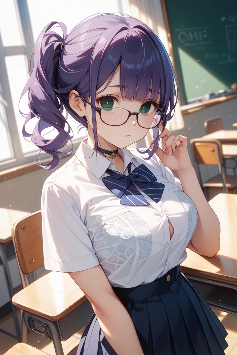 (Purple hair:1.4), gray eyes, white , navy blue miniskirt, 11 years old, short, short long hair, kind expression, shy, backpack, almost no breasts, slightly exposed. hair,(flipped hair ), flipped hair, long sleeves, ahoge, girl alone, flipped hair, flipped hair, flipped hair, flipped hair, glasses with no edges, embarrassed,,(hairpin:1.5),her bra is visible, (a white bra:1.5),(skirt lift :1.6),panty shot,white panties