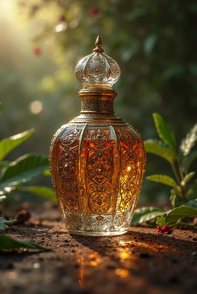 Bottle of anointing oil with sunset
