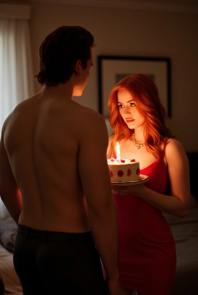 a handsome 30-year-old man, beautiful redhead woman with big breasts, elegant black dress, dark elegant room, birthday cake with lit candles, chiaroscuro lighting, cinematic camera angle, photorealistic, high quality, realistic, dramatic, fine details