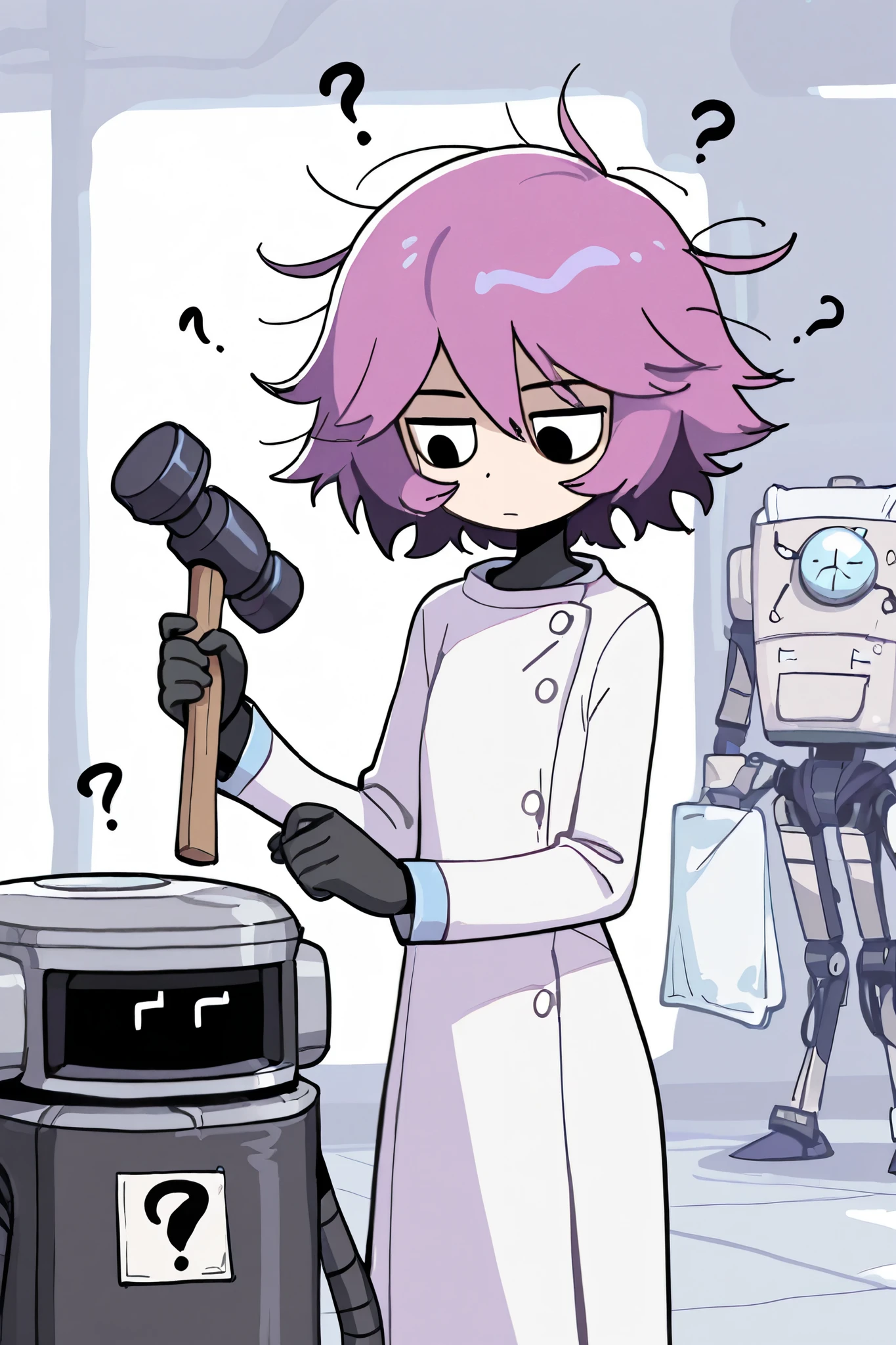 masterpiece, best quality, highest resolution, 1 girl, solo, right purple hair, short hair, messed hair, scientist, white gown, black eyes, holding hammer, spanner, question mark, robot, android