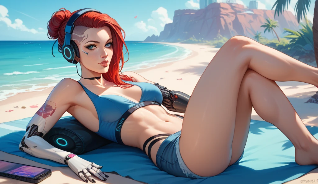 <lora:VRAMsDemi:0.5> vramsdemi, 1girl, posing, photoshoot, headphones, summer splash, water, partially submerged splash, closeup, red eyes, giant breasts, ruffled bikini