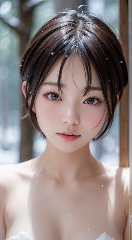 (10 years old) ,girl、(Bunny ears headband)。(Random Nudes)，Exhibitionism，((Random exposure of genitals))。　Beautiful areola。Small breasts. Thin Hair。(On top of a snowy mountain). Detailed and complex background。((Light black hair))。(Round face). ((Short Bob Hair)). Cute smile. Idol&#39;s face. Smooth Hair. Thin Hair. White skin. Cute pose. 