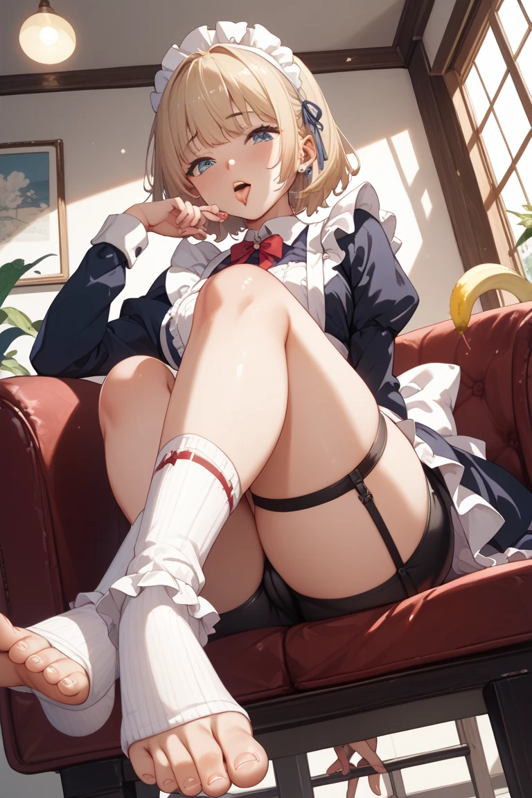 A -yeld Jaese girl with blonde hair and a bob cut, red eyes, slanted eyes, a deep green sailor uniform, a white sailor collar, a white sailor tie, healthy tanned chocolate brown skin, sitting cross-legged, a little bit of her underwear showing