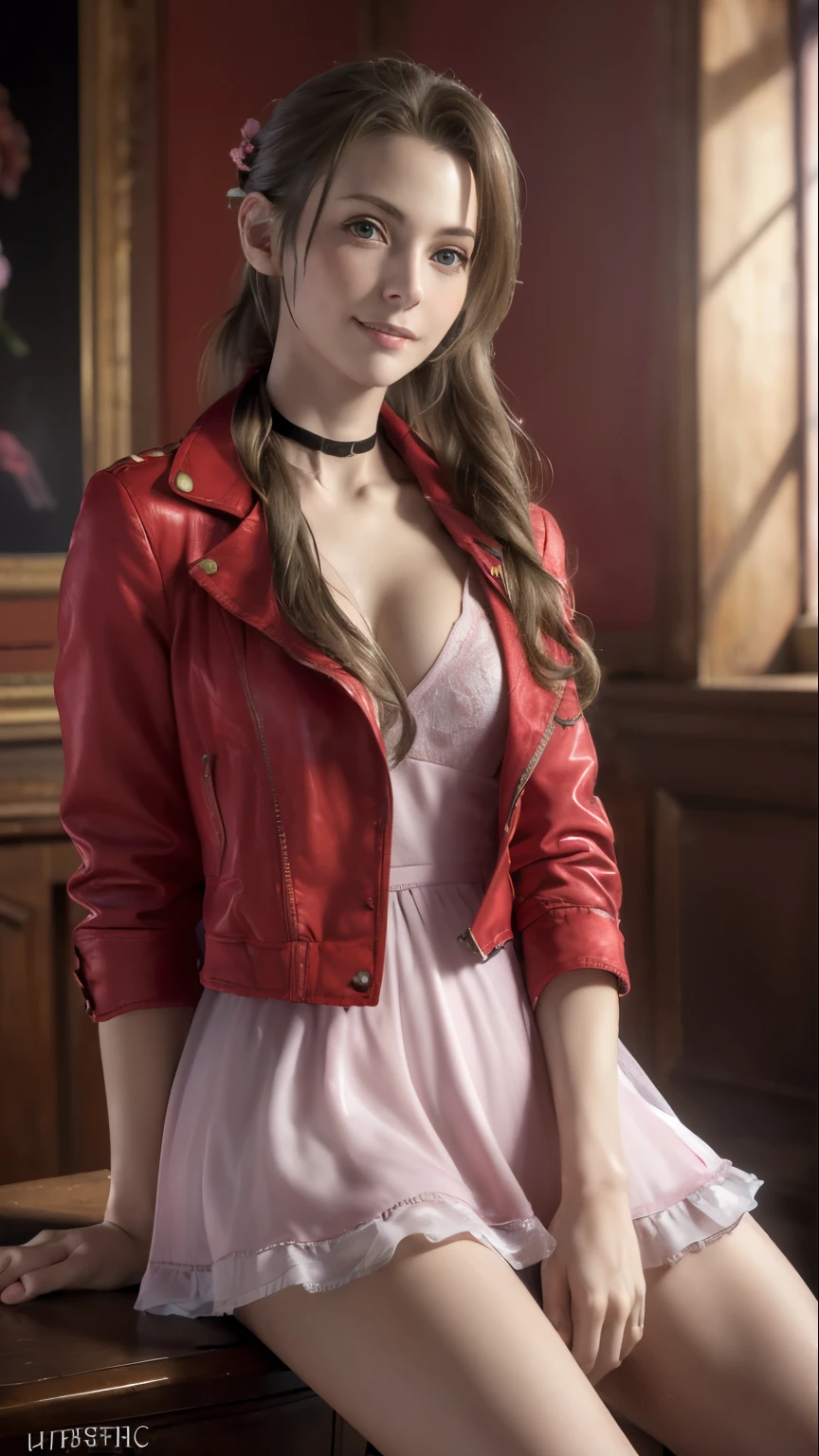 (masterpiece, best quality:1.4), (future days), (full of white flowers), (1girl), ((18 years old)), solo, (european youth:1), aerith gainsborough, choker, cropped jacket, hair bow, bracelet, (((red jaket))), (((pink dress))), brown boots, very long hair, hair ribbons, hair flowers, strapless red dress, high heels hyperrealistic, high detailed skin, dslr, soft lighting, high quality, highly detailed face, highly detailed skin, skin pores, subsurface scattering, realistic pupils, medium breast, full face blush, full lips, detailed background, depth of field, volumetric lighting, sharp focus, absurdres, realistic proportions, good anatomy, ((light smile)), ((looking at viewer)), ((cowboy shot)), (realistic, hyperrealistic:1.4), 16k hdr, ,, medium breasts, show vagina, spread legs.
