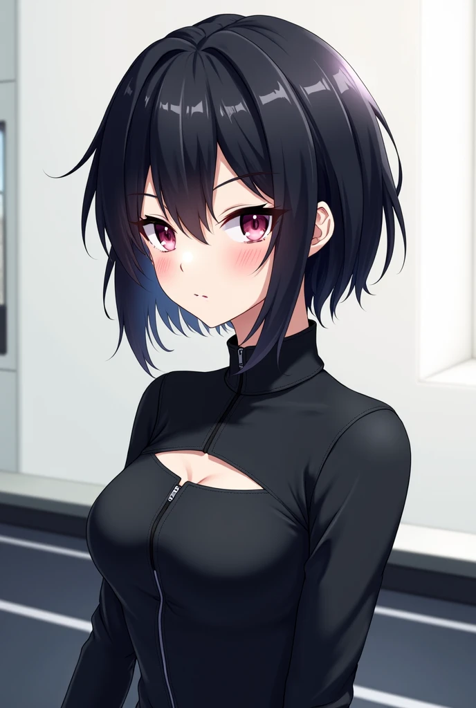 1girl, solo, mature female, vampire, (pale skin:0.8), red eyes, black hair, (wavy hair:0.1), messy hair, short hair, hair between eyes, wolfcut, pixie cut, makeup, punk, emo, breasts, black zipped hoodie, black pasties, black shorts, pantyhose