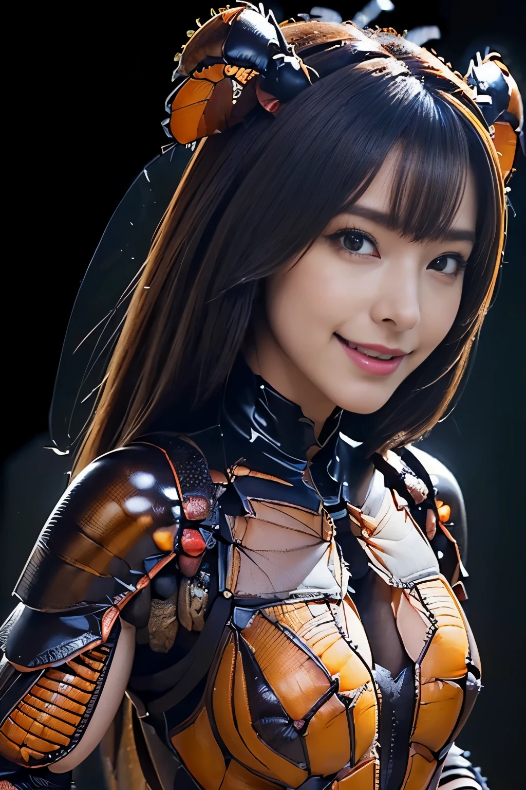 (high resolution,masterpiece,best quality,extremely detailed CG, anime, official art:1.4), realistic, photo, amazing fine details, all intricate, gloss and shiny,awesome many layers, 8k wall paper, 3d, sketch, kawaii, illustration,( solo:1.4), perfect female proportion,villainess, (fusion of dark brown cockroach and lady:1.4), (brown cockroach form lady:1.2), (brown cockroach lady:1.2), (fusion:1.2), (solo:1.4), (evil smile:1.2), muscular, abs, (cockroach brown exoskeleton bio insect suit:1.4), (cockroach brown exoskeleton bio insect armor:1.2), (brown transparency cockroach wing:1.4), (brown cockroach antennae:1.3),