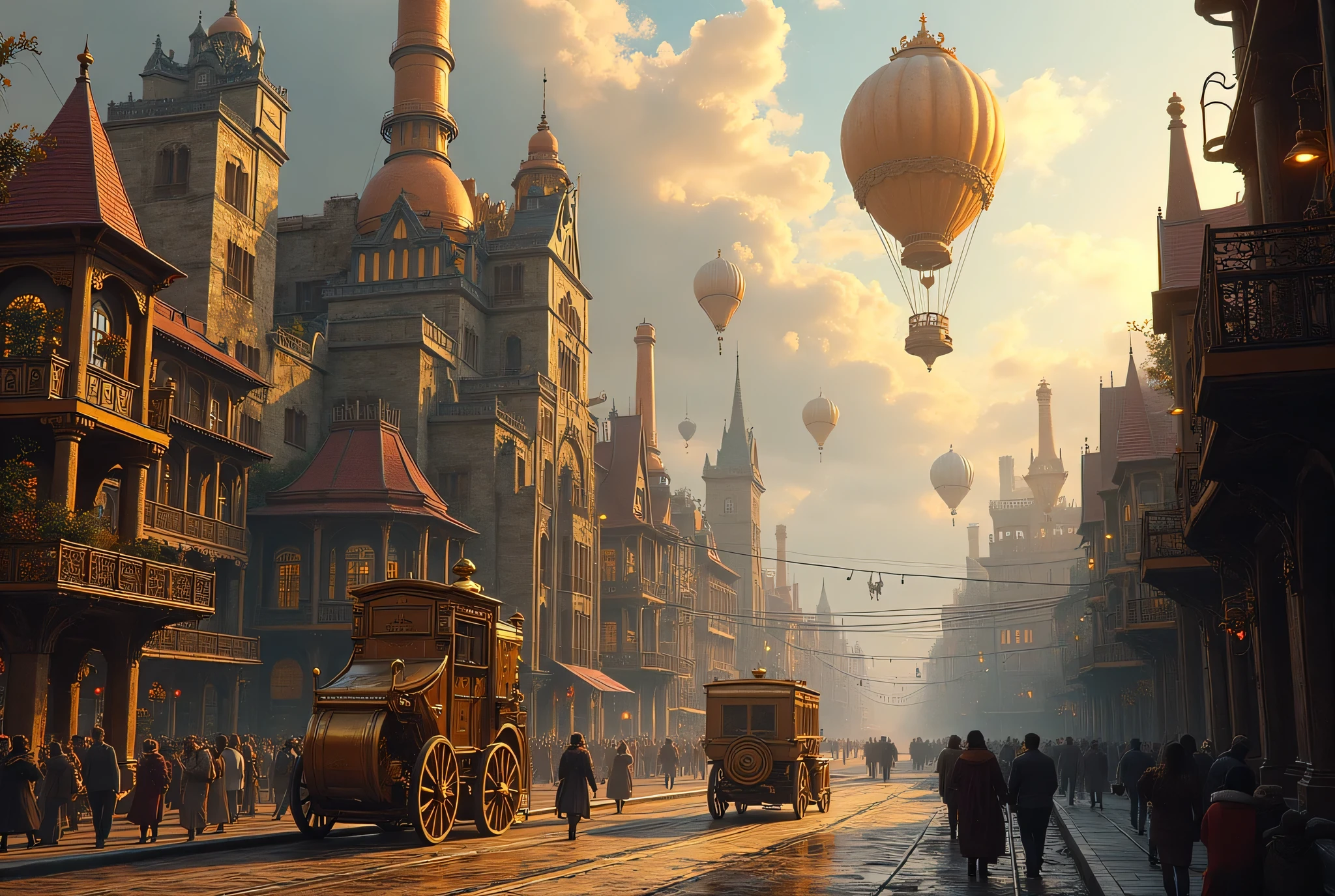 An alternate history city with 19th century steam technology。Huge gears and brass machinery、Balloons and airships fly through the sky。Steam-belching carriages and clockwork robots pass by on the cobblestone streets.、Vitoria-style buildings decorated with brass and wood。The whole city runs with clockwork precision、Steam rises from the chimneys and the evening light bathes the city in a golden light。High-resolution illustrations with intricate detail。