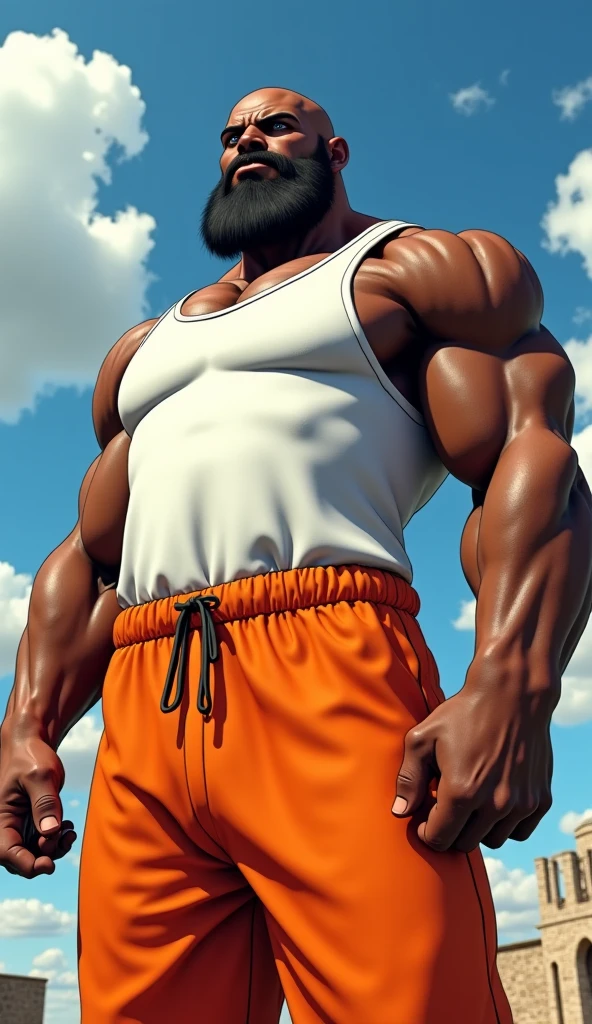 Furry, Anthro, Komodo dragon, Male, Standing, (muscular body), Wearing ((orange)) swim shorts, (((looking at viewer, arms behind head, smug)), ((((massive muscular arms, top-down view)))), Plain background, Front view, Brown Skin, by buta99, by meesh, realistic