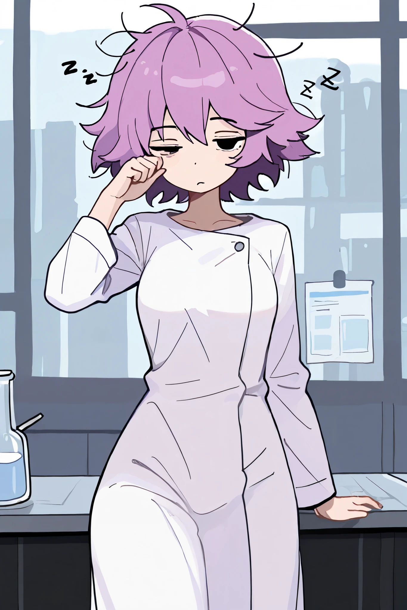 masterpiece, best quality, highest resolution, 1 girl, solo, right purple hair, short hair, messed hair, scientist, white gown, black eyes, sleepy expression, zzz.. 