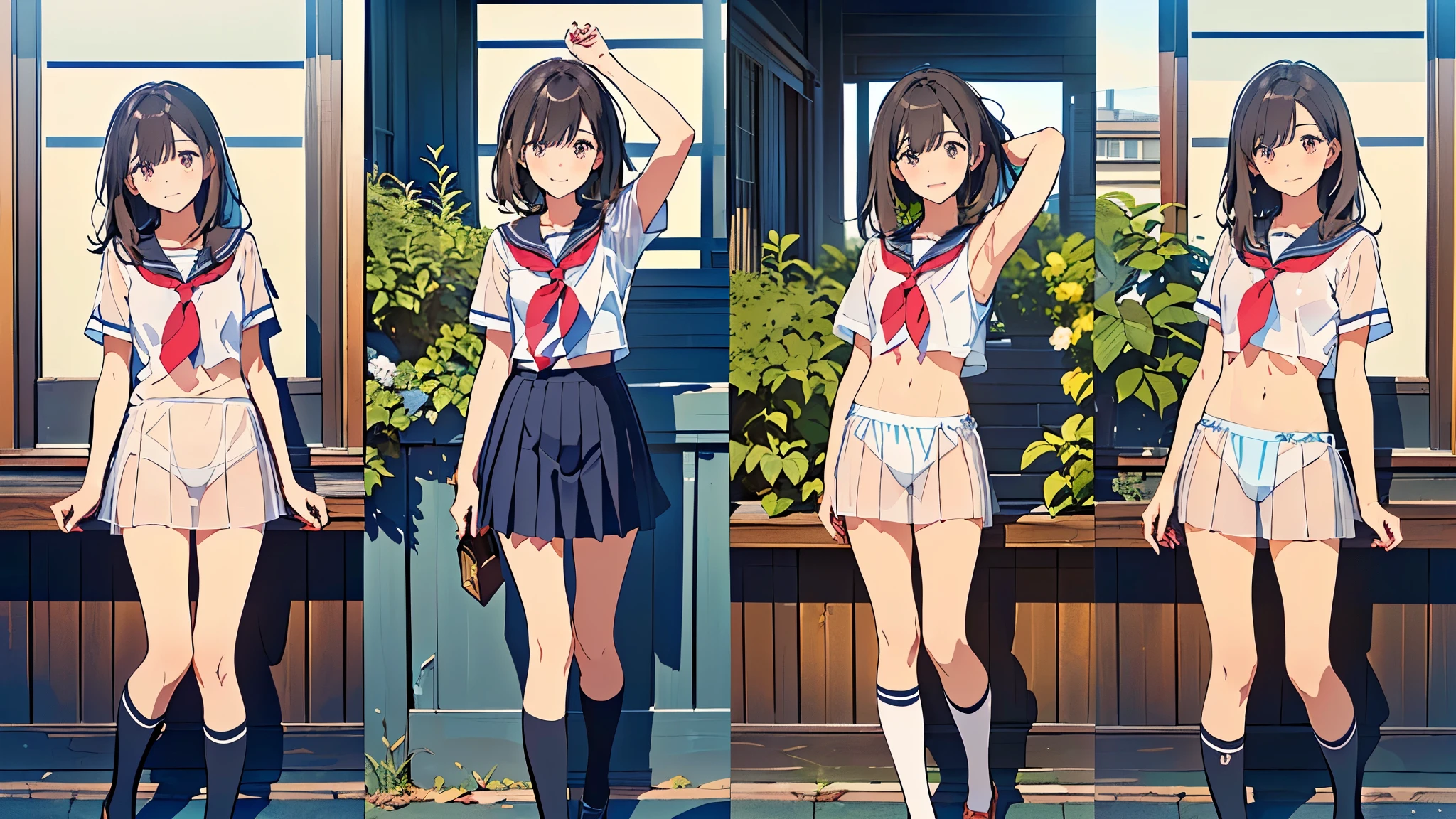 1young_teen_girls、loli、brown_hair、short_ponytail, long_bangs、blue_midriff_baring_sailor_uniform、mini_skirt、short_sleeve、thighthighs、big_tits, sleepy, Sorrisos、open_mouth、dynamic_pose, childlike_posing ,harbor,dock_background、spread_legs、happiness、NSFW、short_gloves, (wet:1.4),transparent,covered_nipples, covered_crotch, under_tits, sweat, bare_thighs, large_ass, covered_anal, back_view,