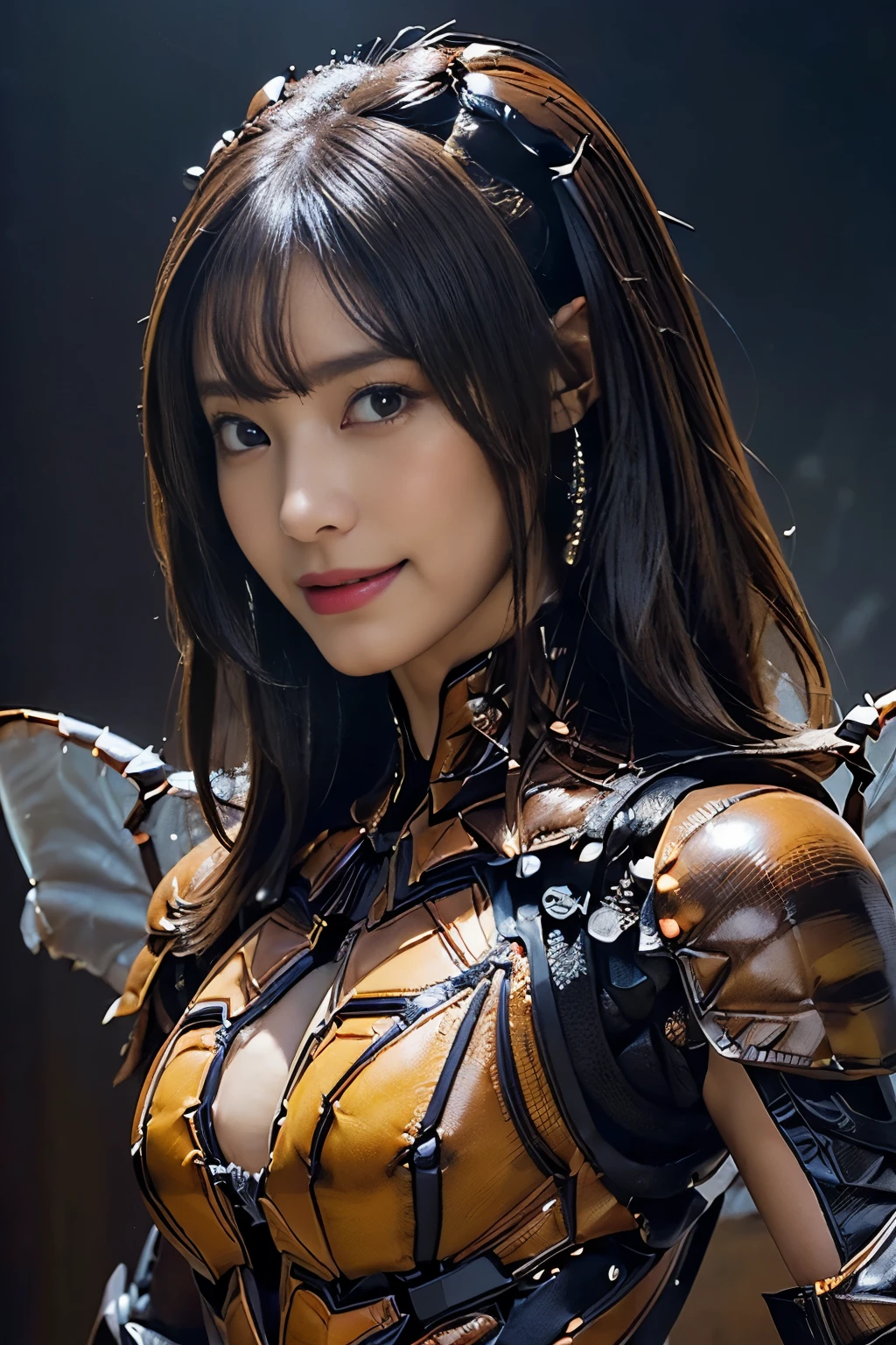 (high resolution,masterpiece,best quality,extremely detailed CG,),(japanese girl face), realistic, photo, amazing fine details, all intricate, gloss and shiny,awesome many layers, 8k wall paper, 3d, kawaii, ( solo:1.4), perfect female proportion,villainess, (fusion of crab and lady:1.4), (crab form lady:1.2), (crab lady:1.2), (fusion:1.2), (solo:1.4), (smile:1.2), muscular, abs, (crab exoskeleton bio insect suit:1.4), (crab blue exoskeleton bio insect armor:1.2), (blue crab antennae:1.3),